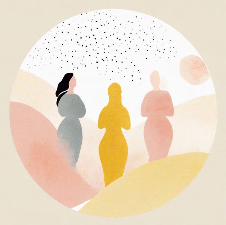 watercolor imagery of three people standing in a circle