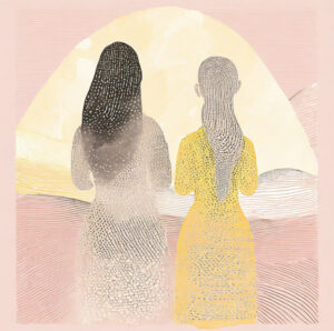 soft watercolor imagery of two people standing in nature