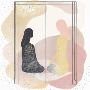 stylized watercolor image of two figures sitting together