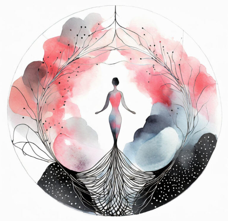 Watercolor of figure in circle showing neurobiology of body and trauma.