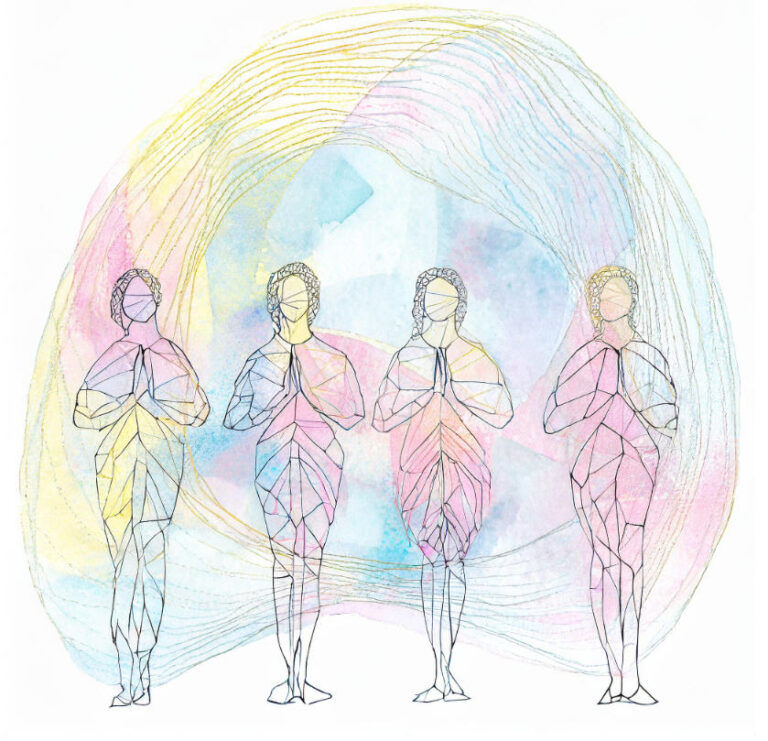 4 watercolor figures in standing line hands folded