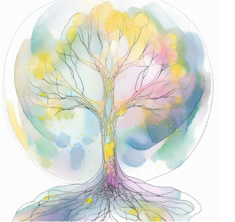 A watercolor depiction of a tree with roots and growth.