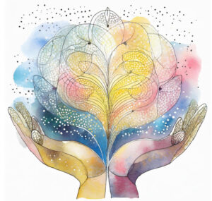 watercolor of hands holding knowledge