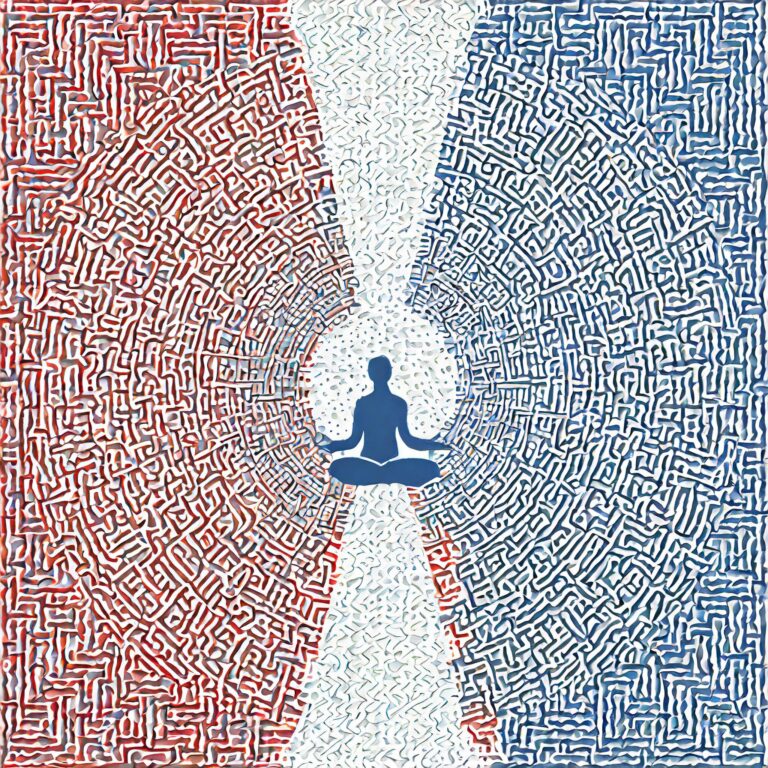 person in the middle of red and blue lines of a labyrinth