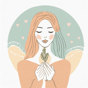 stylized image of a person holding a leaf offering